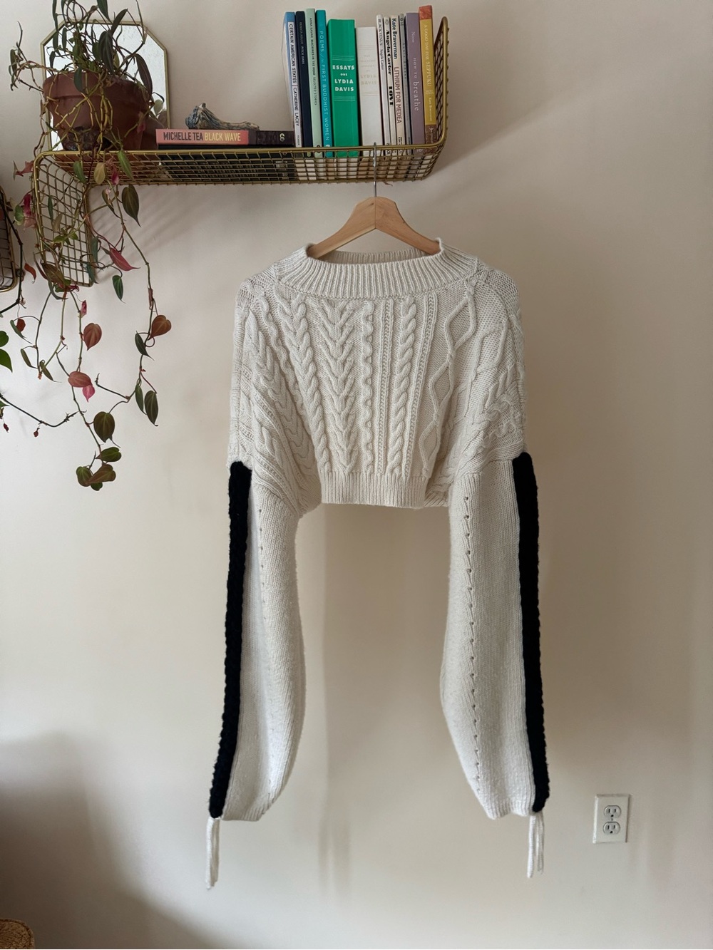 Cropped Cable Knit Sweater with Black Sleeve Stripe - White
